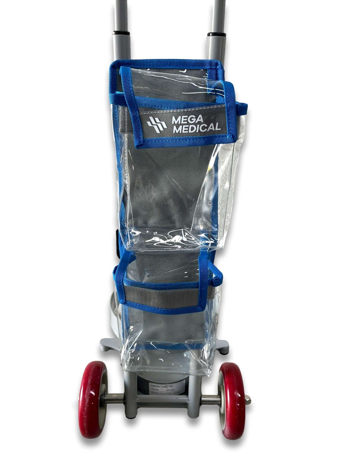 Mega Medical C and D size trolley caddy bag fitted to cylinder trolley front view showing dual transparent pockets with blue webbing trim and Velcro tabs