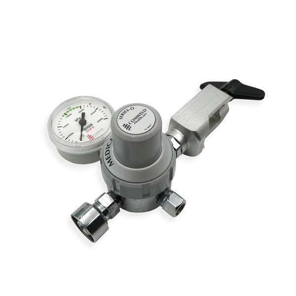 Comweld Series O medical oxygen regulator angled view showing kPa pressure gauge, grey body with Series-O branding and pin-index yoke with T-bar handle