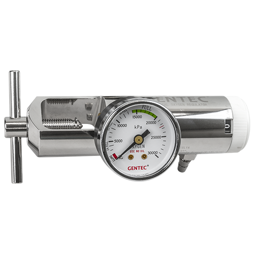 Gentec medical oxygen regulator flowmeter 25 LPM with single SIS outlet chrome finish kPa pressure gauge and click style flow selector