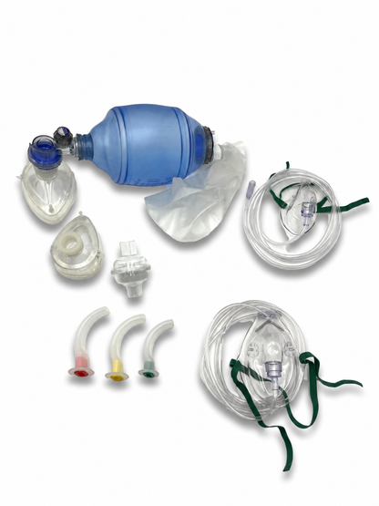 Contents of the Big Red resuscitation kit without regulator, including BVM resuscitator with reservoir bag, adult and child masks, bacterial filter, three colour-coded Guedel airways and oxygen masks with tubing