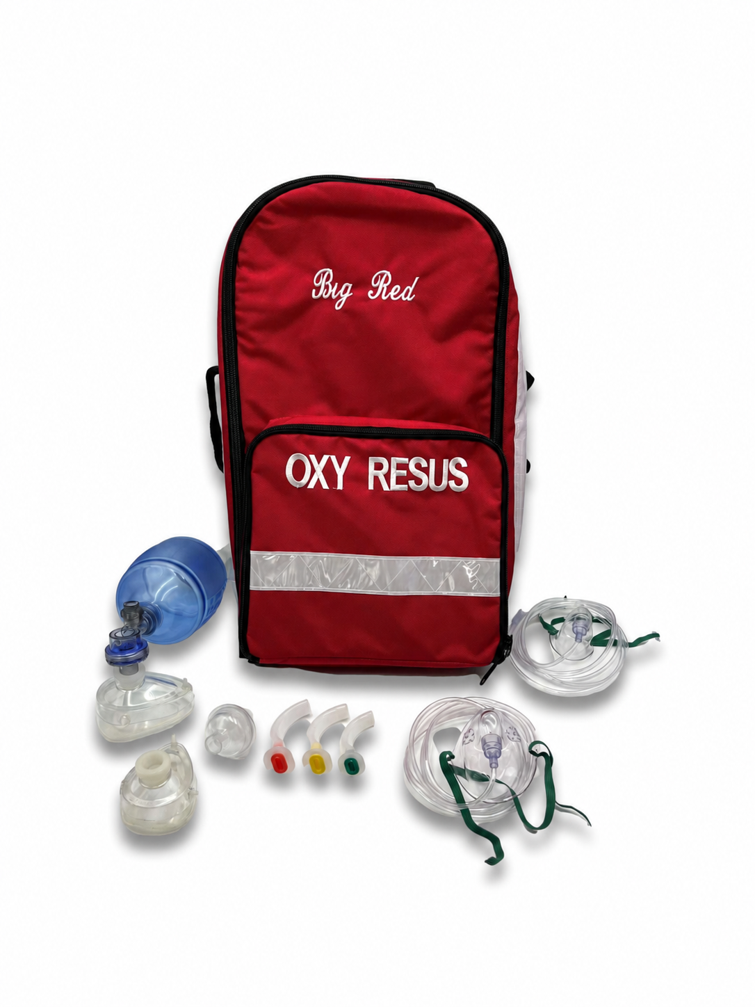 Big Red OXY RESUS oxygen resuscitation backpack with kit contents including BVM resuscitator, adult and child masks, colour-coded Guedel airways and oxygen masks with tubing, supplied without a regulator