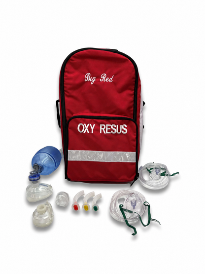 Big Red OXY RESUS oxygen resuscitation backpack with kit contents including BVM resuscitator, adult and child masks, colour-coded Guedel airways and oxygen masks with tubing, supplied without a regulator