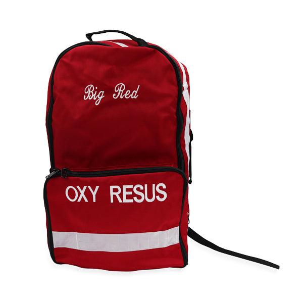 Big Red OXY RESUS oxygen resuscitation backpack front view showing reflective tape, dual zippered compartments and carry strap