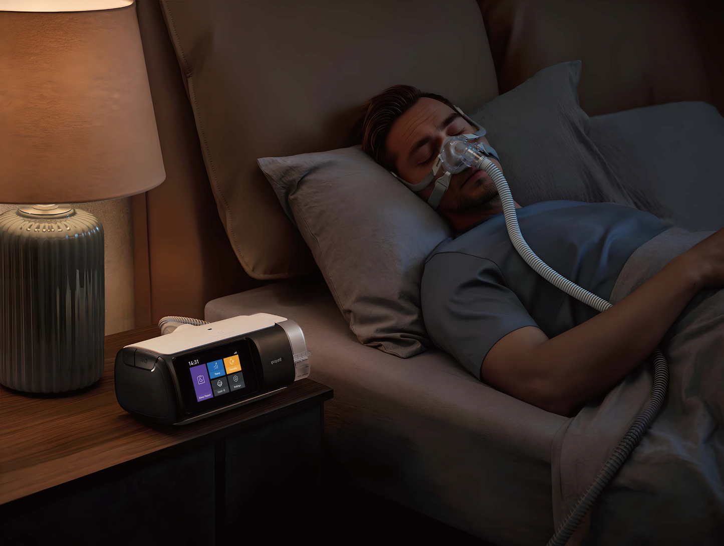A patient is using Yuwell Breathcare III Auto CPAP Device