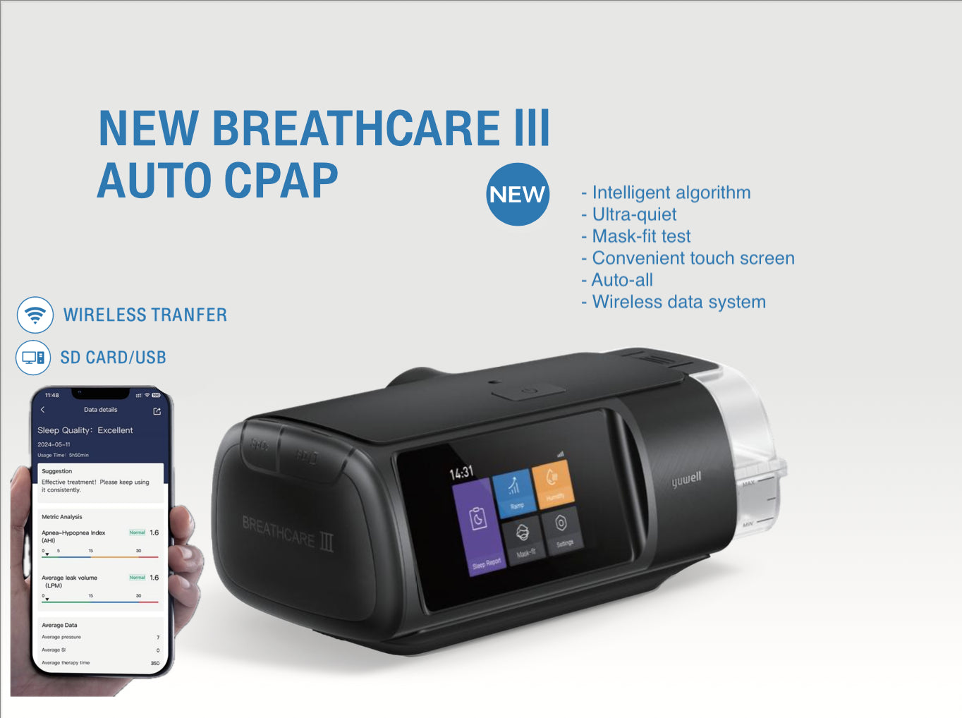 Yuwell Breathcare III Auto CPAP Device Features