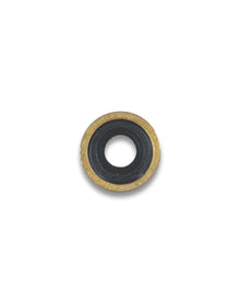 Bodok seal for medical gas cylinders, black sealing centre bonded into a brass outer ring, shown at an angle
