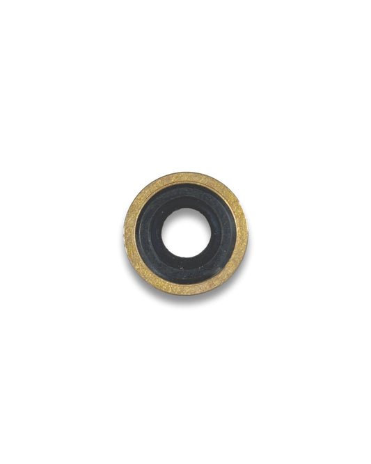 Bodok seal for medical gas cylinders, black sealing centre bonded into a brass outer ring, shown at an angle