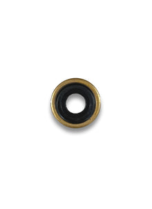Bodok seal viewed face on, showing the central bore and brass outer rim that seats in a pin-index yoke