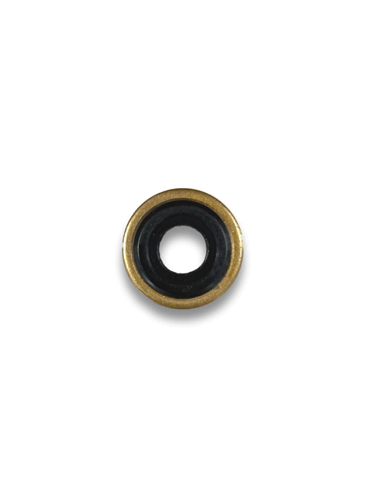 Bodok seal viewed face on, showing the central bore and brass outer rim that seats in a pin-index yoke