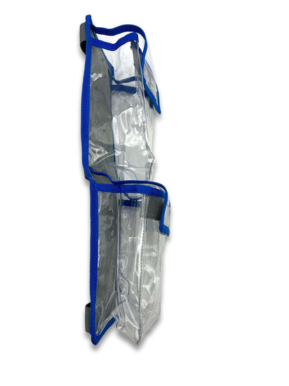 C and D size trolley caddy bag standalone side profile showing dual transparent storage pockets, blue webbing trim and grey trolley attachment straps