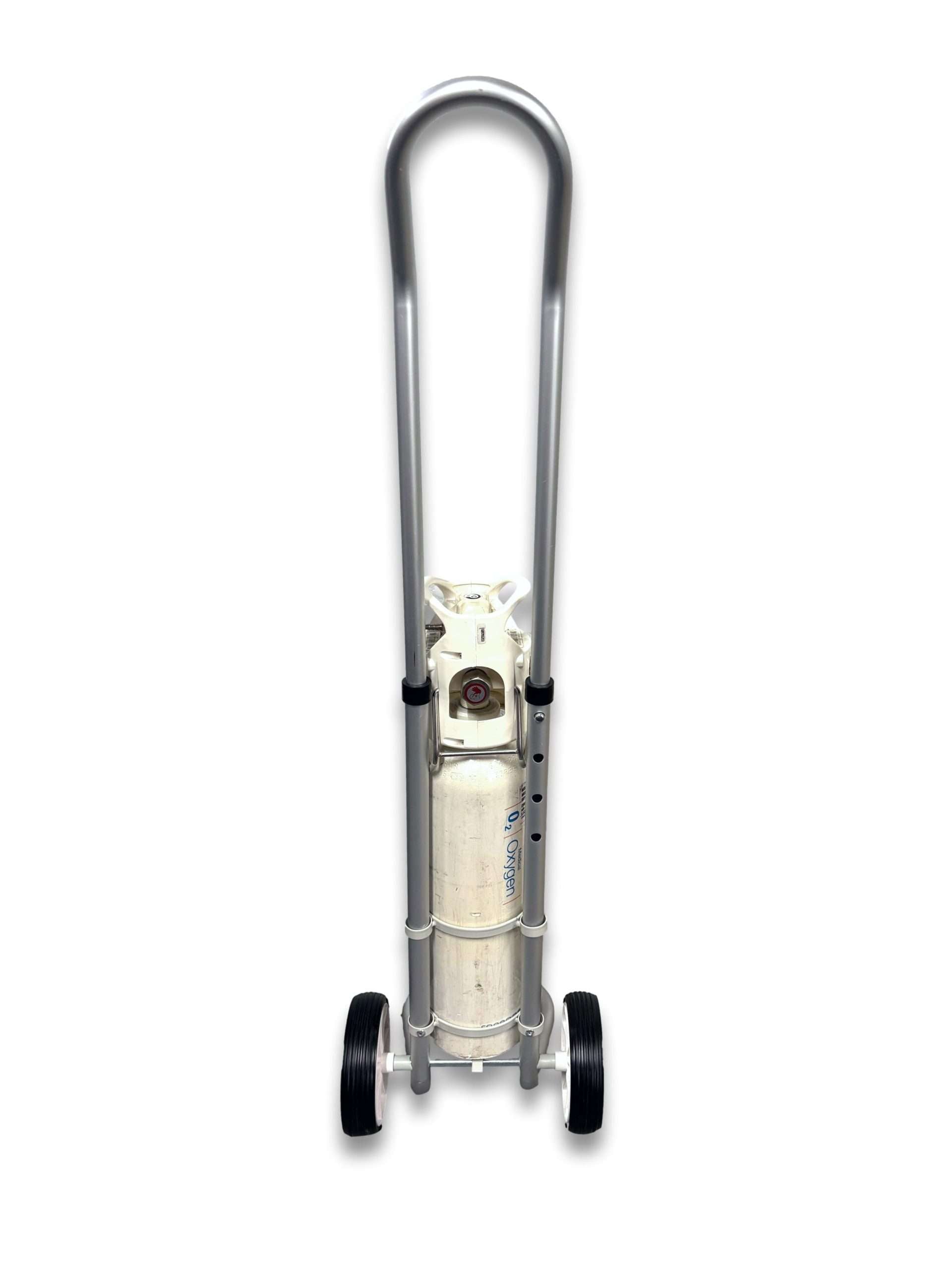 C size cylinder trolley 120mm loaded with medical oxygen cylinder back view showing U-shaped aluminium handle and cylinder cradle