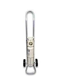 C size medical oxygen cylinder trolley 120mm full height front view showing aluminium U-handle, loaded oxygen cylinder and compact U-shaped base