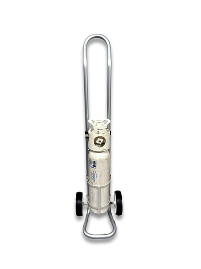 C size medical oxygen cylinder trolley 120mm full height front view showing aluminium U-handle, loaded oxygen cylinder and compact U-shaped base