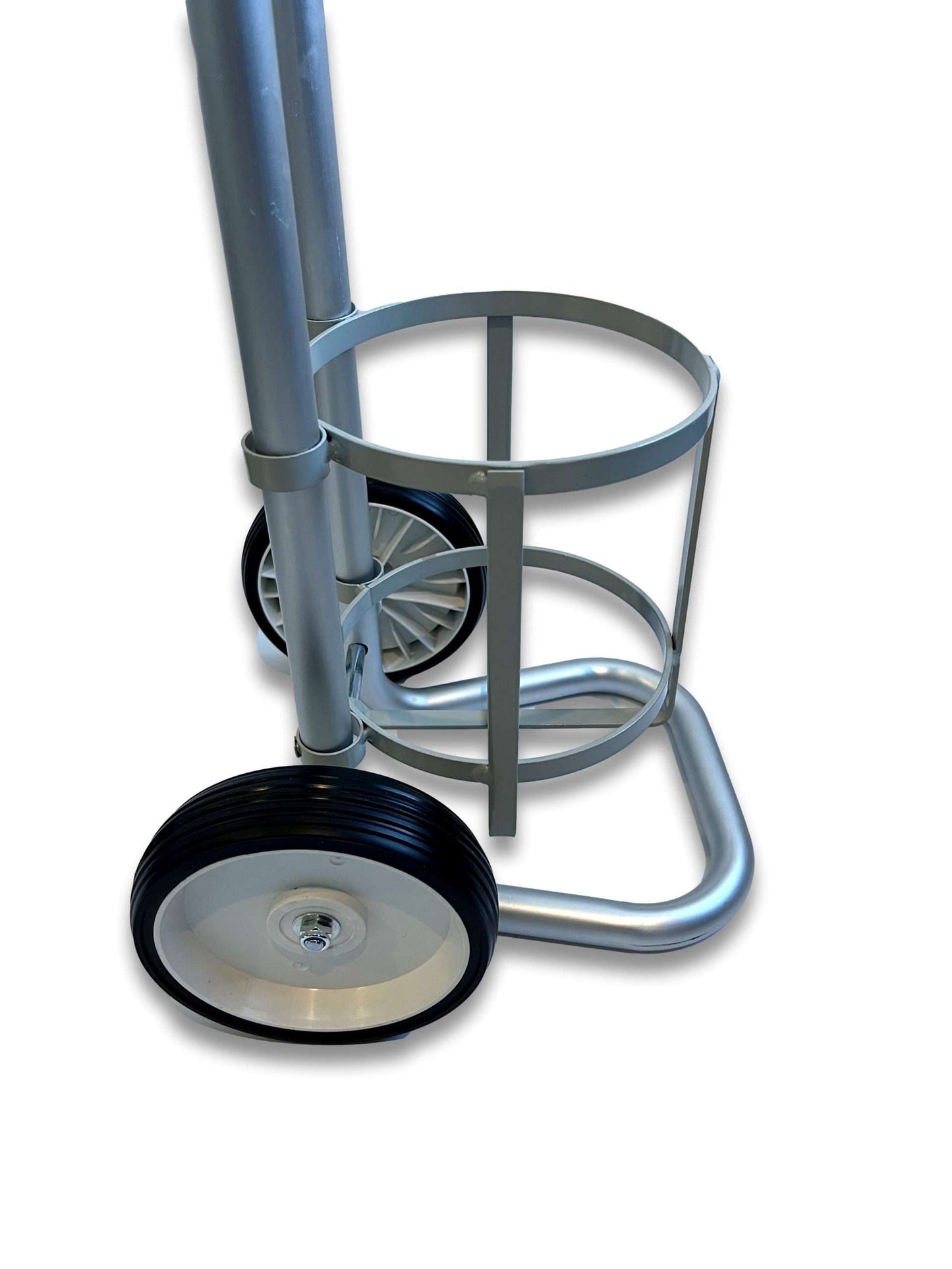 C size cylinder trolley 158mm angled close-up showing circular cylinder cradle depth, U-shaped aluminium base and large non-marking wheel