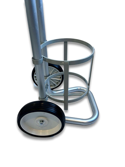 C size cylinder trolley 158mm angled close-up showing circular cylinder cradle depth, U-shaped aluminium base and large non-marking wheel