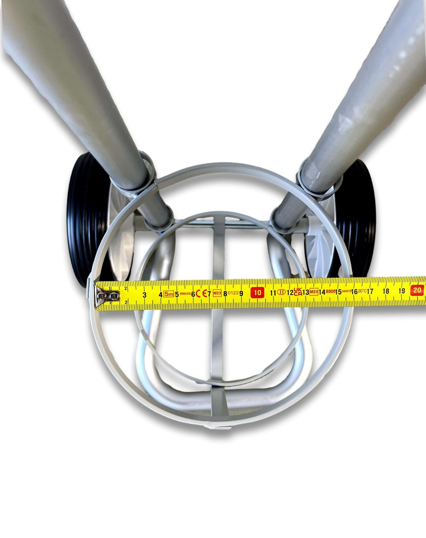 C size cylinder trolley overhead view of 158mm cylinder cradle with tape measure confirming holder diameter