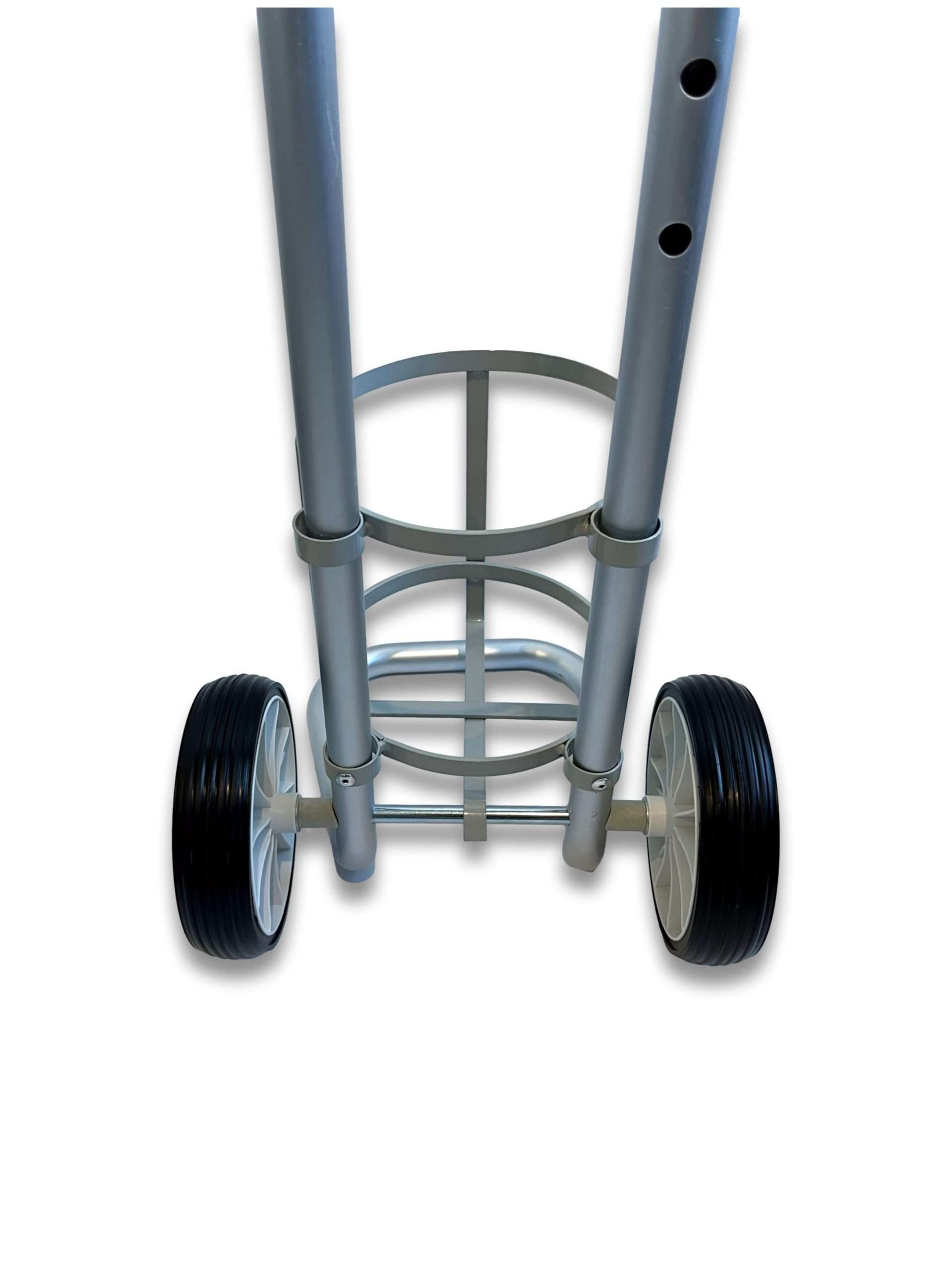 C size cylinder trolley 158mm front close-up showing circular cylinder cradle, large non-marking wheels and adjustable handle posts