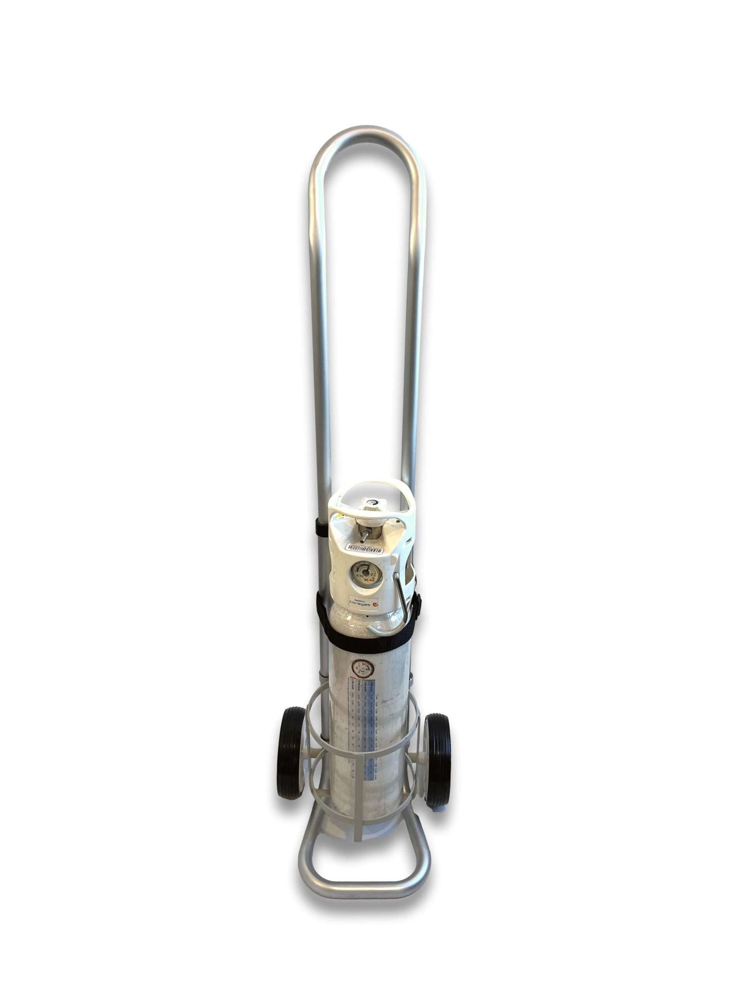 C size cylinder trolley 158mm with C-size oxygen cylinder loaded in compact handle configuration showing reduced height for storage