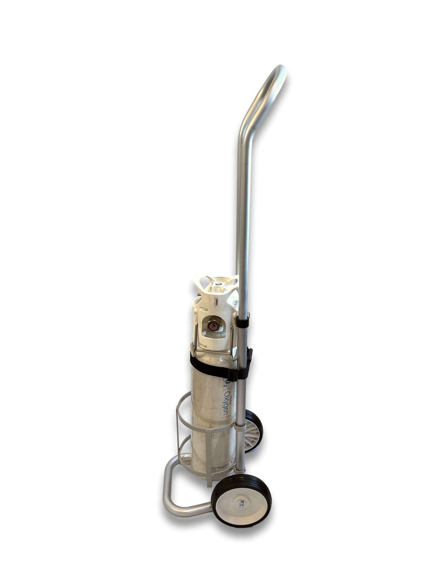 C size cylinder trolley 158mm loaded with C-size oxygen cylinder side view showing curved ergonomic handle, Velcro strap and 158mm non-marking wheels