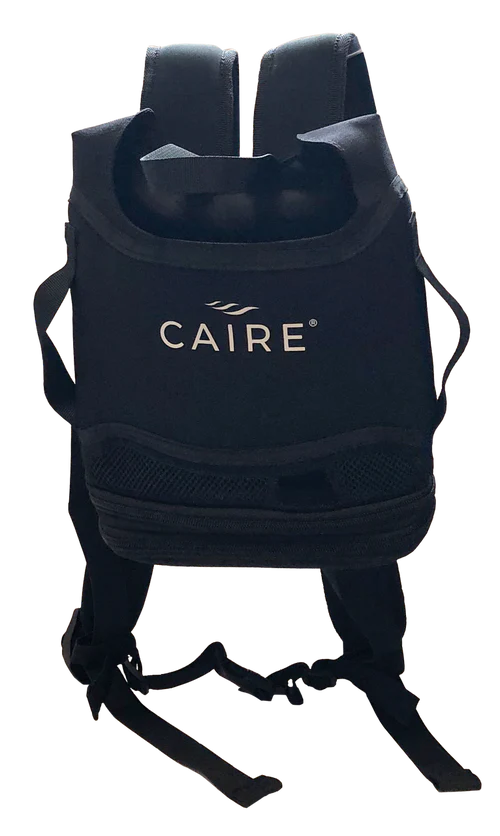 CAIRE FreeStyle Comfort backpack rear view showing padded shoulder straps waist buckle and mesh ventilation panel