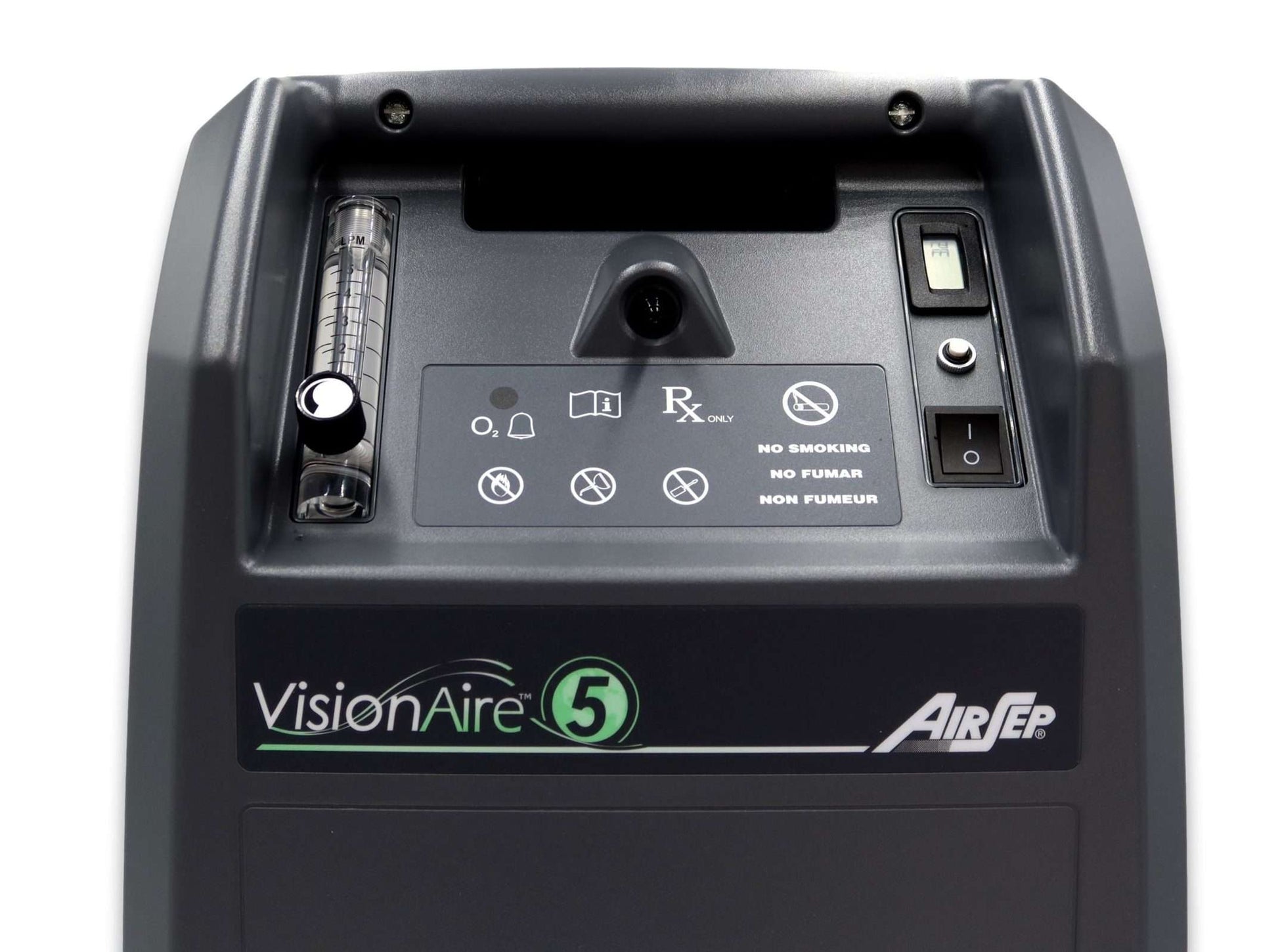 CAIRE VisionAire 5 litre oxygen concentrator controls and flow meter panel