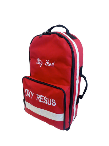 Mega Medical Combat Sports resuscitation backpack angled front view showing Big Red OXY RESUS label and reflective strip