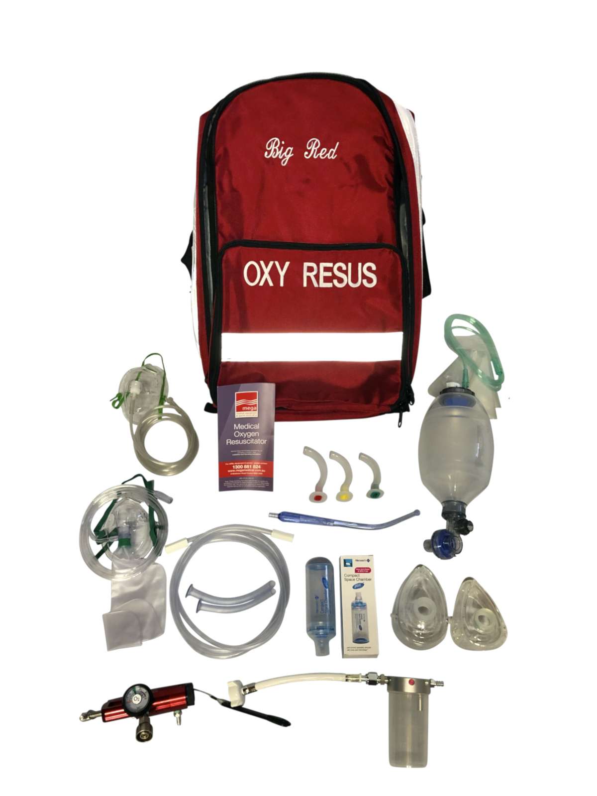 Mega Medical Combat Sports resuscitation kit Rule 35 compliant contents including BVM resuscitator, dual-outlet oxygen regulator, suction aspirator, Guedel airways, spacer device and oxygen masks