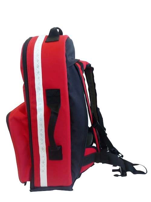 Combat Sports resuscitation backpack side profile showing reflective strip, side carry handle and concealed shoulder harness