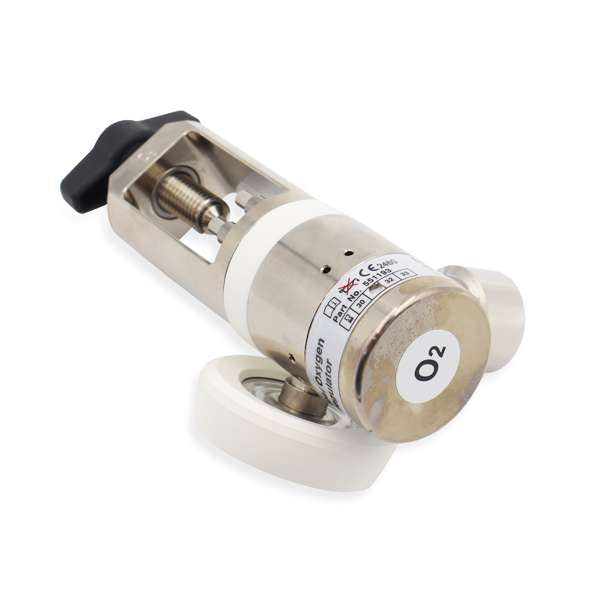 Comweld MediReg II medical oxygen regulator pin index angled view showing yoke assembly T-bar and O2 outlet cap