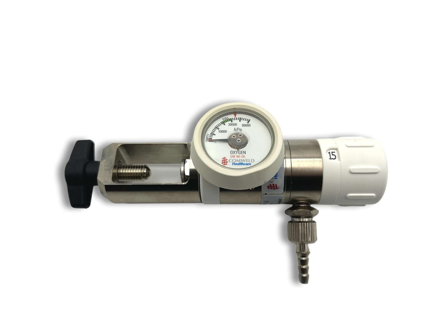 Comweld Mediselect medical oxygen regulator flowmeter with flow set to 15 LPM showing kPa pressure gauge and pin indexed yoke