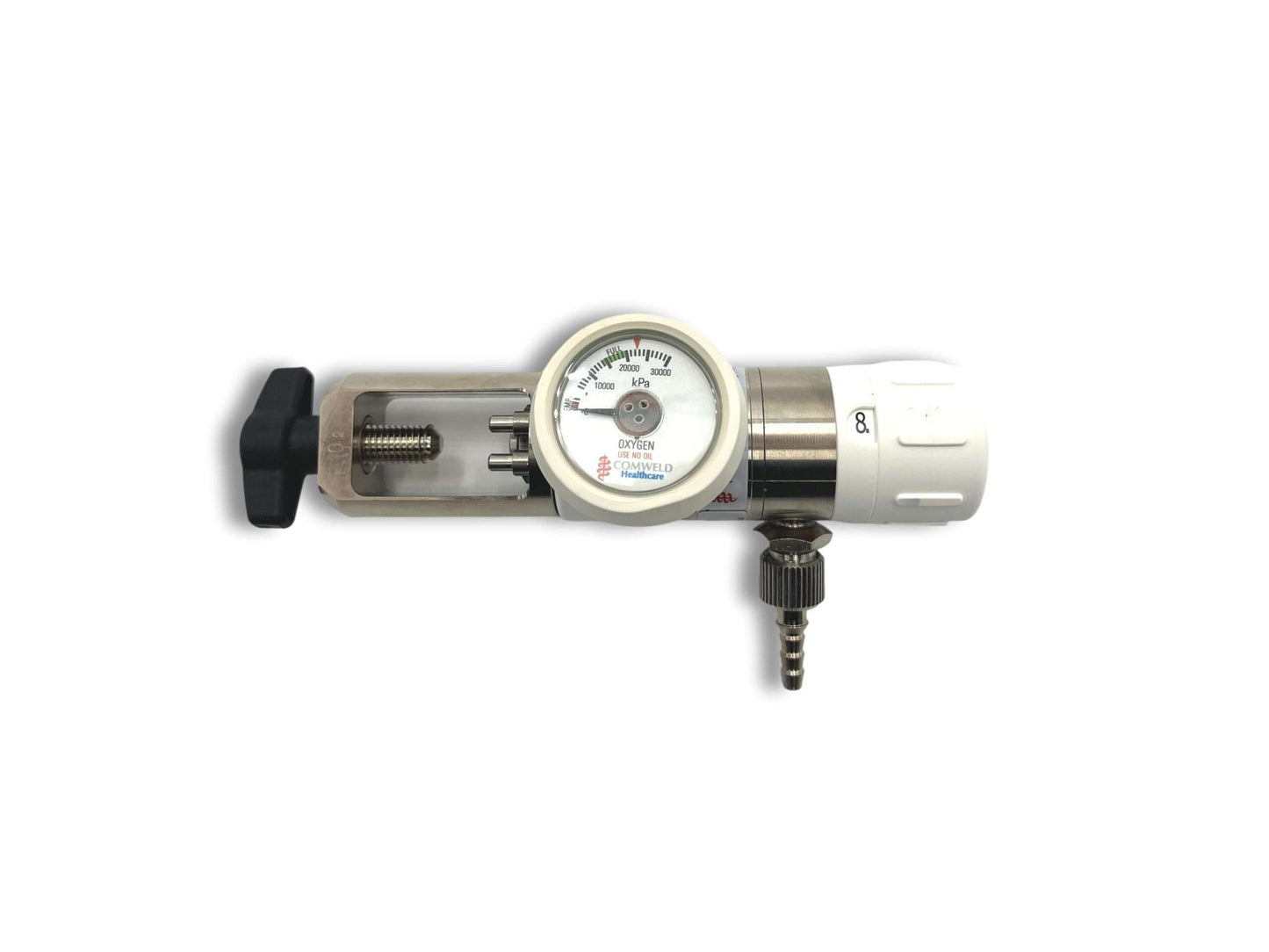 Comweld Mediselect medical oxygen regulator flowmeter with flow set to 8 LPM showing barbed outlet fitting and pivoting yoke assembly