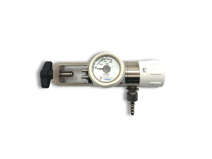 Comweld Mediselect medical oxygen regulator flowmeter with flow set to 8 LPM showing barbed outlet fitting and pivoting yoke assembly