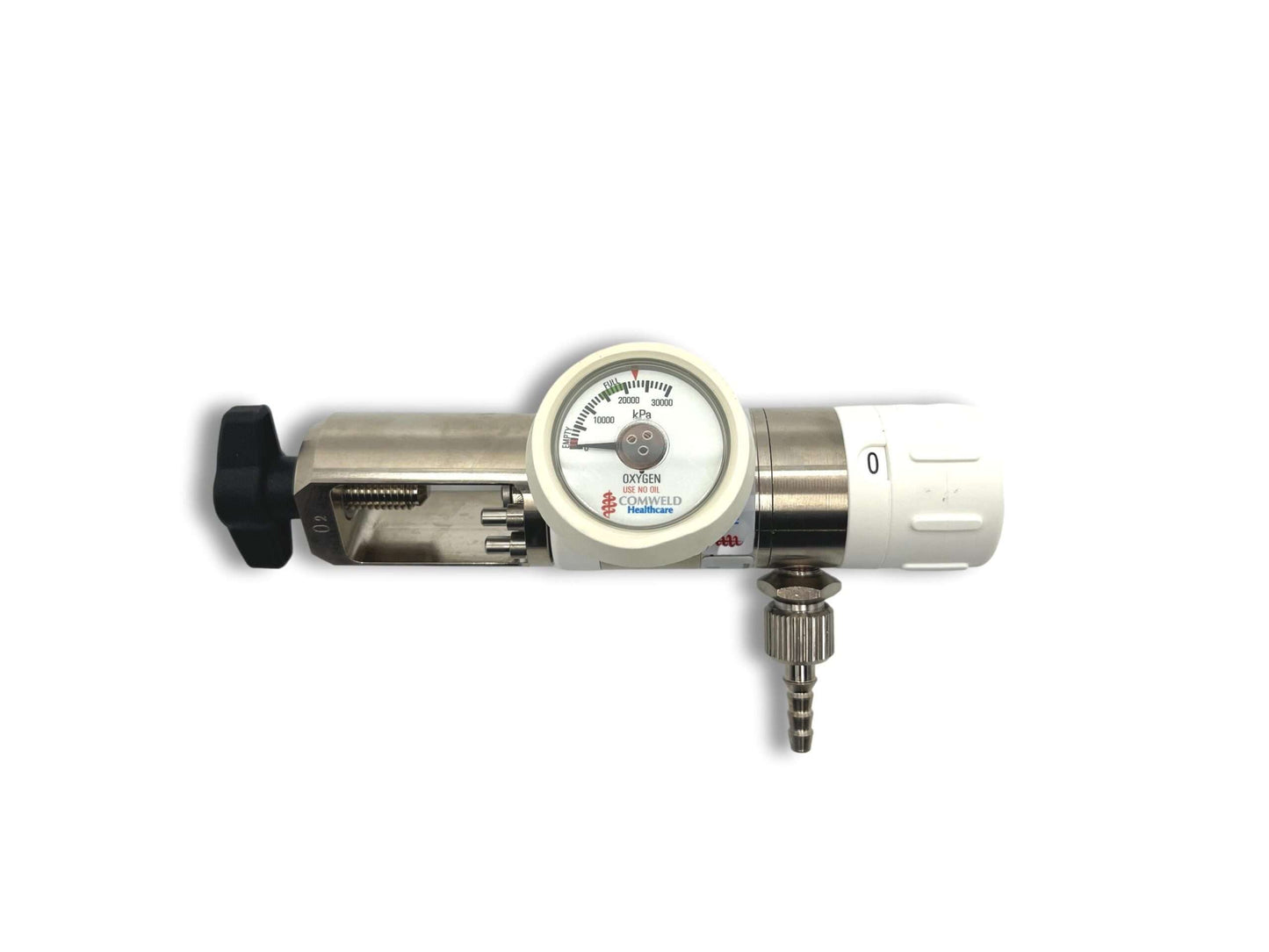 Comweld Mediselect medical oxygen regulator flowmeter side view showing pin indexed yoke assembly and Comweld Healthcare kPa pressure gauge