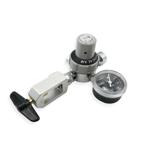 Comweld Series O medical air regulator angled view showing pin indexed yoke assembly T-bar key and black faced pressure gauge