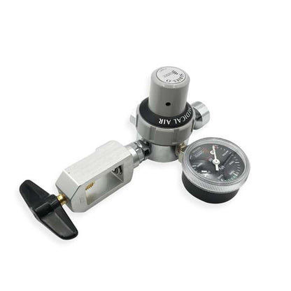 Comweld Series O medical air regulator angled view showing pin indexed yoke assembly T-bar key and black faced pressure gauge