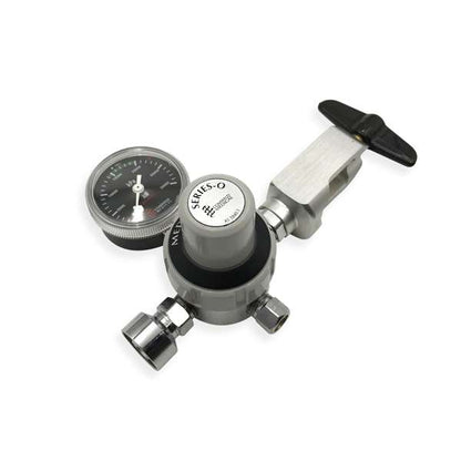 Comweld Series O medical air regulator front angle view showing Series O branding chrome outlet and black pressure gauge