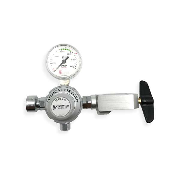 Comweld Series O medical oxygen regulator front view showing MEDICAL OXYGEN label, colour-coded kPa pressure gauge and pin-index yoke cylinder attachment