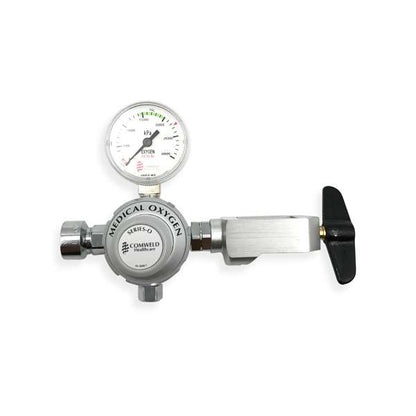 Comweld Series O medical oxygen regulator front view showing MEDICAL OXYGEN label, colour-coded kPa pressure gauge and pin-index yoke cylinder attachment