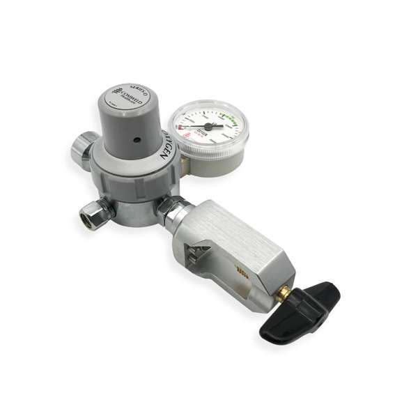 Comweld Series O medical oxygen regulator side view showing OXYGEN labelled grey body, colour-coded kPa pressure gauge and pin-index yoke with T-bar handle