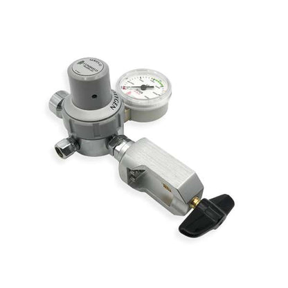 Comweld Series O medical oxygen regulator side view showing OXYGEN labelled grey body, colour-coded kPa pressure gauge and pin-index yoke with T-bar handle