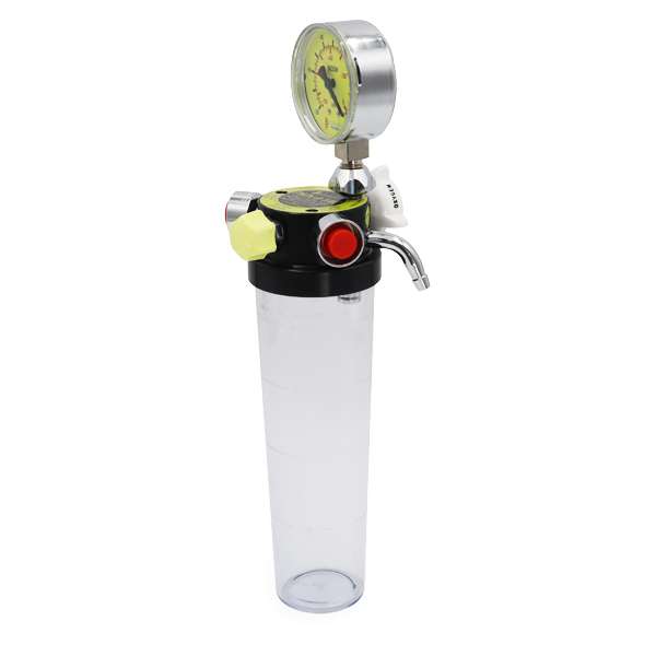 Comweld Twin-O-Vac portable suction device with dual scale kPa mmHg vacuum gauge yellow control head and 400ml graduated collection jar