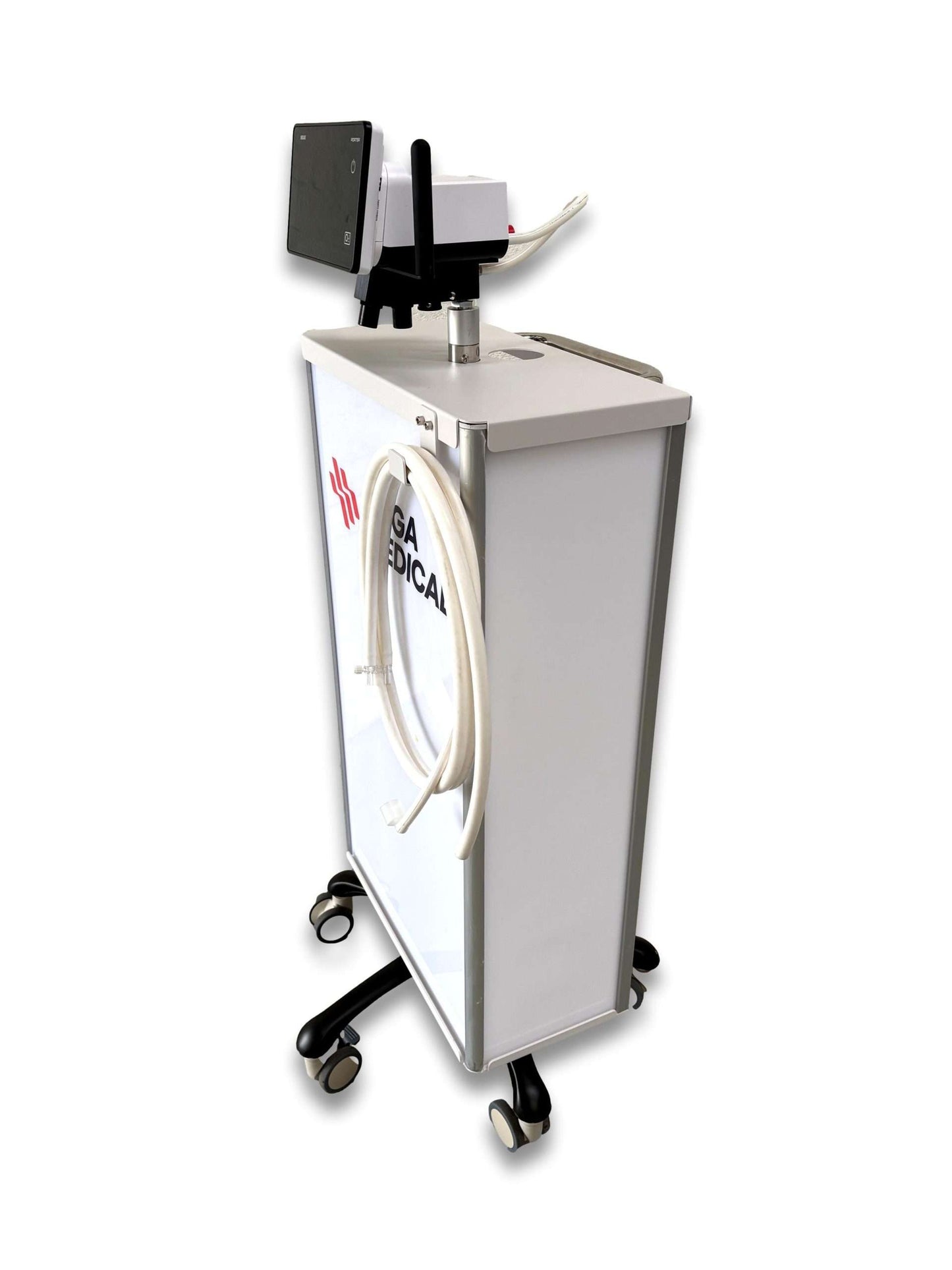 Dual cylinder cabinet anaesthetic gas trolley angled view showing white semi-enclosed cabinet, sedation flowmeter mounted on post, hose management and heavy duty dual-wheel castors