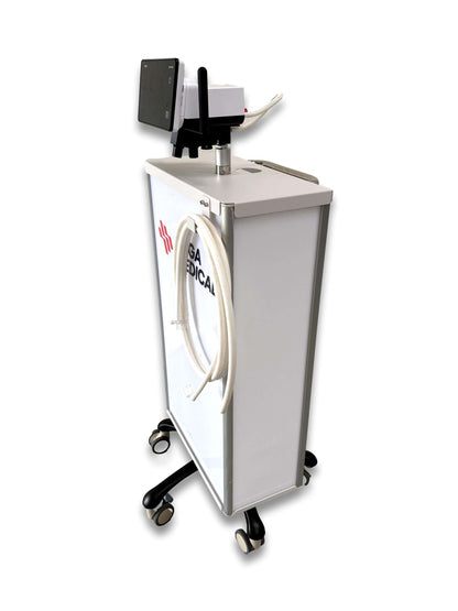 Dual cylinder cabinet anaesthetic gas trolley angled view showing white semi-enclosed cabinet, sedation flowmeter mounted on post, hose management and heavy duty dual-wheel castors