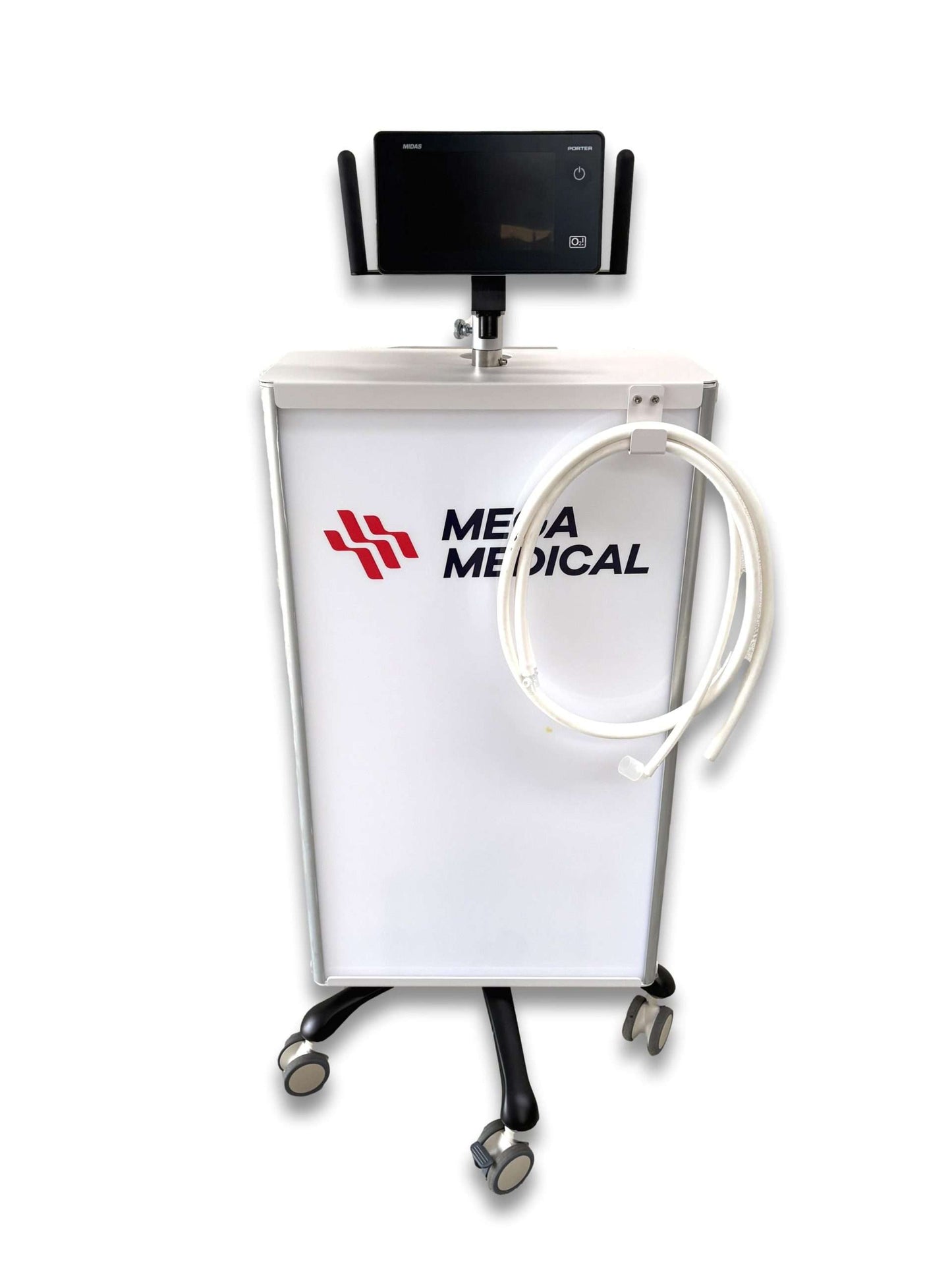 Dual cylinder cabinet anaesthetic gas system trolley front view showing white semi-enclosed cabinet with digital sedation flowmeter on post and four heavy duty castors