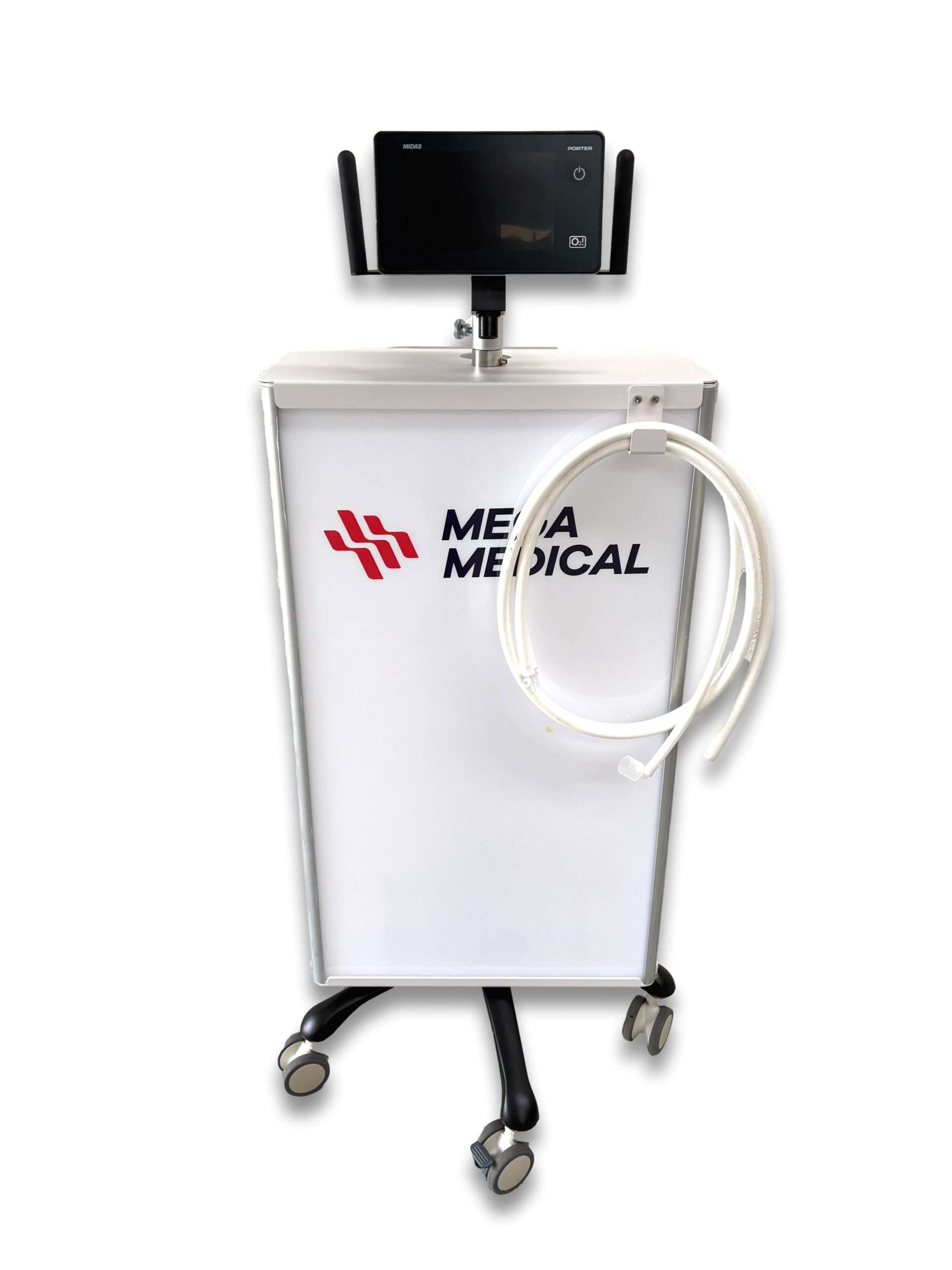 Dual cylinder cabinet anaesthetic gas system trolley front view showing white semi-enclosed cabinet with digital sedation flowmeter on post and four heavy duty castors