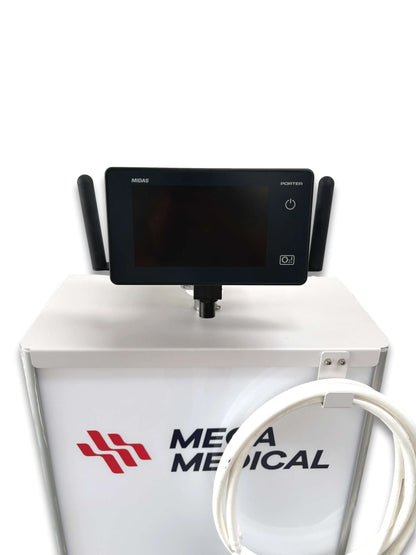 Dual cylinder cabinet anaesthetic gas trolley close-up of MIDAS Porter digital sedation flowmeter mounted on post with white hose management clip