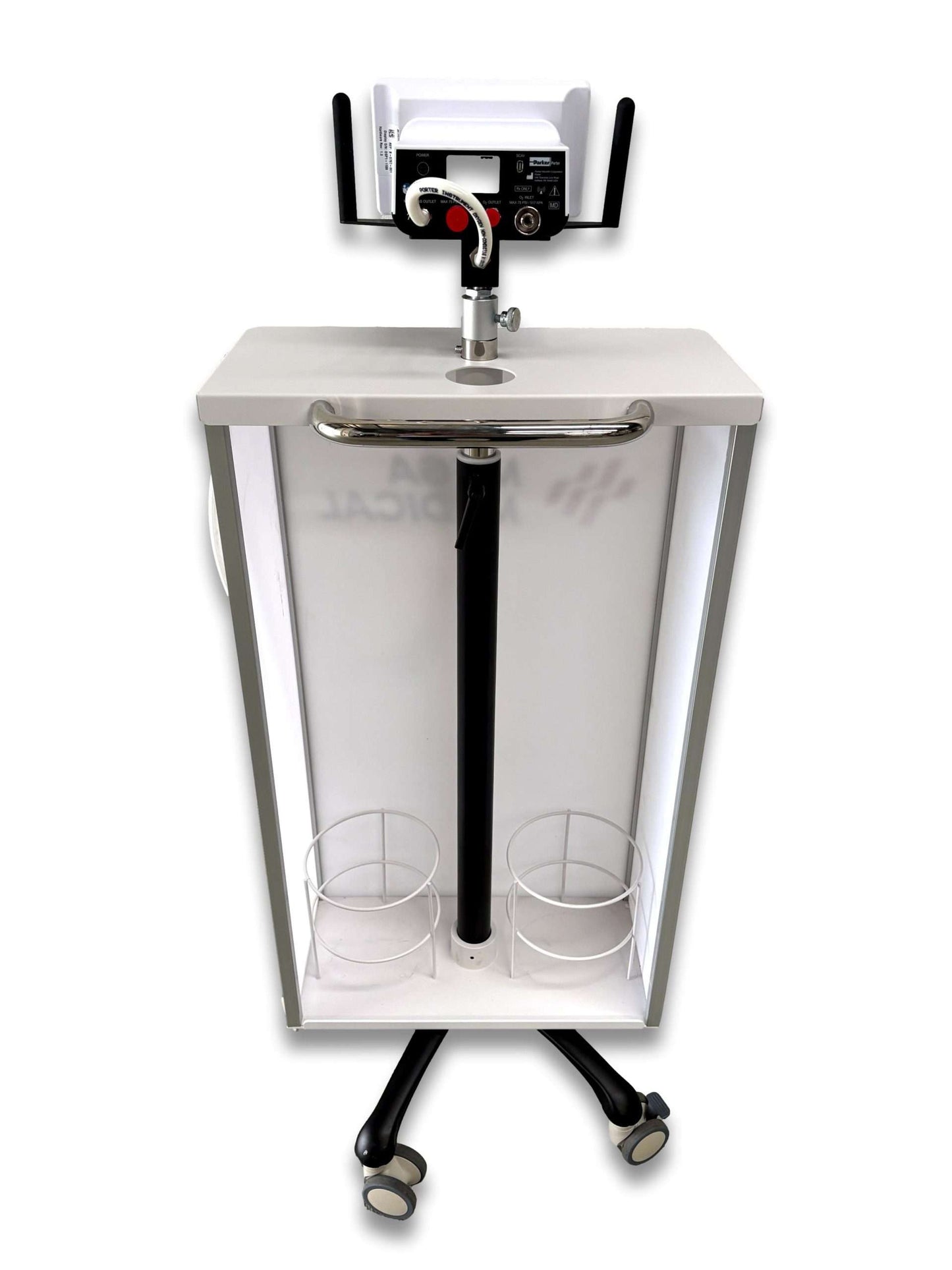 Dual cylinder cabinet anaesthetic gas trolley open view showing two D-size cylinder cradles inside semi-enclosed cabinet with stainless grab bar and central post