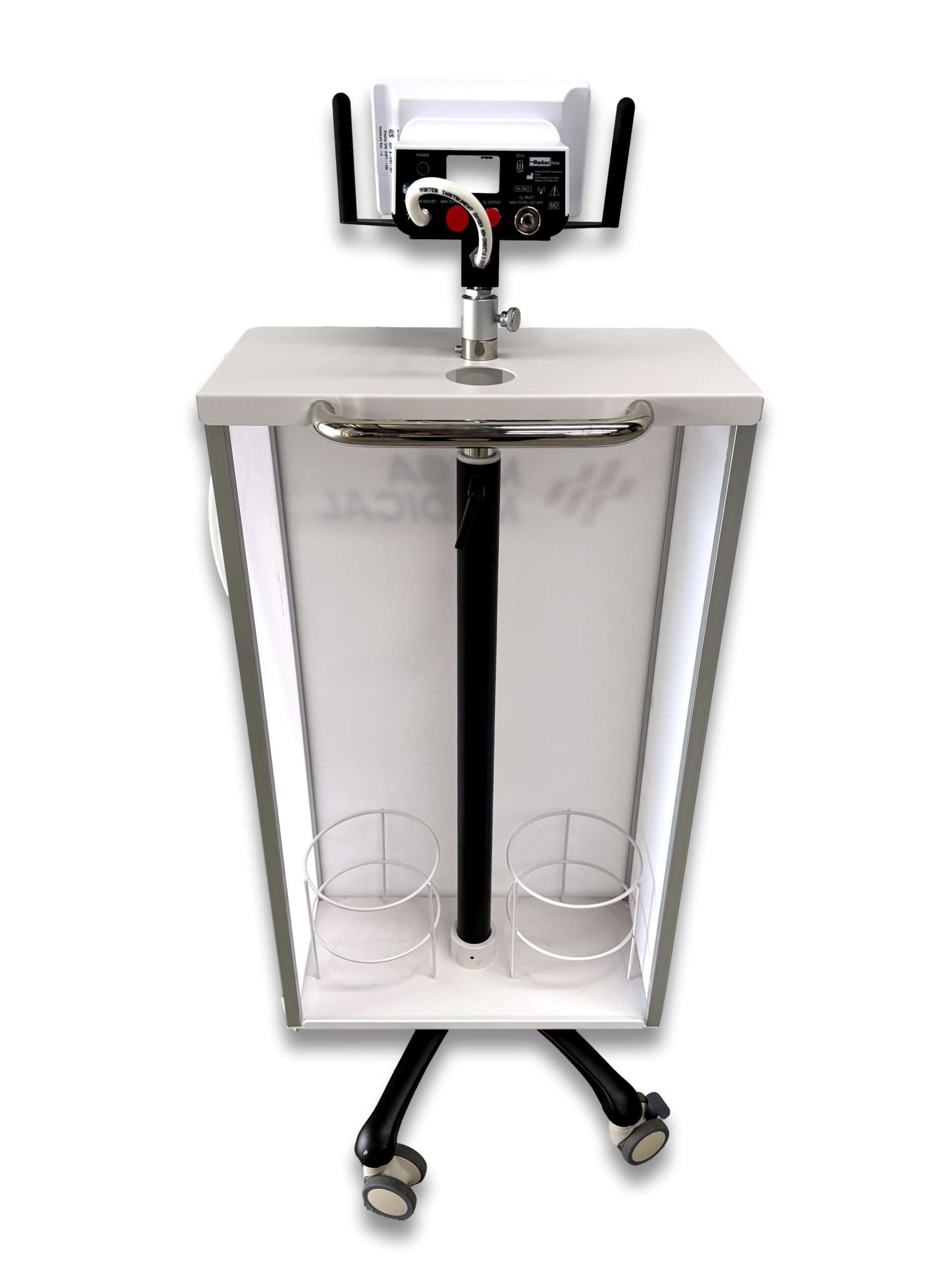 Dual cylinder cabinet anaesthetic gas trolley open view showing two D-size cylinder cradles inside semi-enclosed cabinet with stainless grab bar and central post