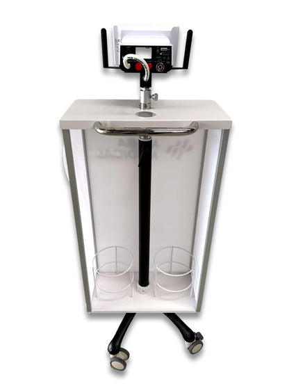 Dual cylinder cabinet anaesthetic gas trolley open view showing two D-size cylinder cradles inside semi-enclosed cabinet with stainless grab bar and central post