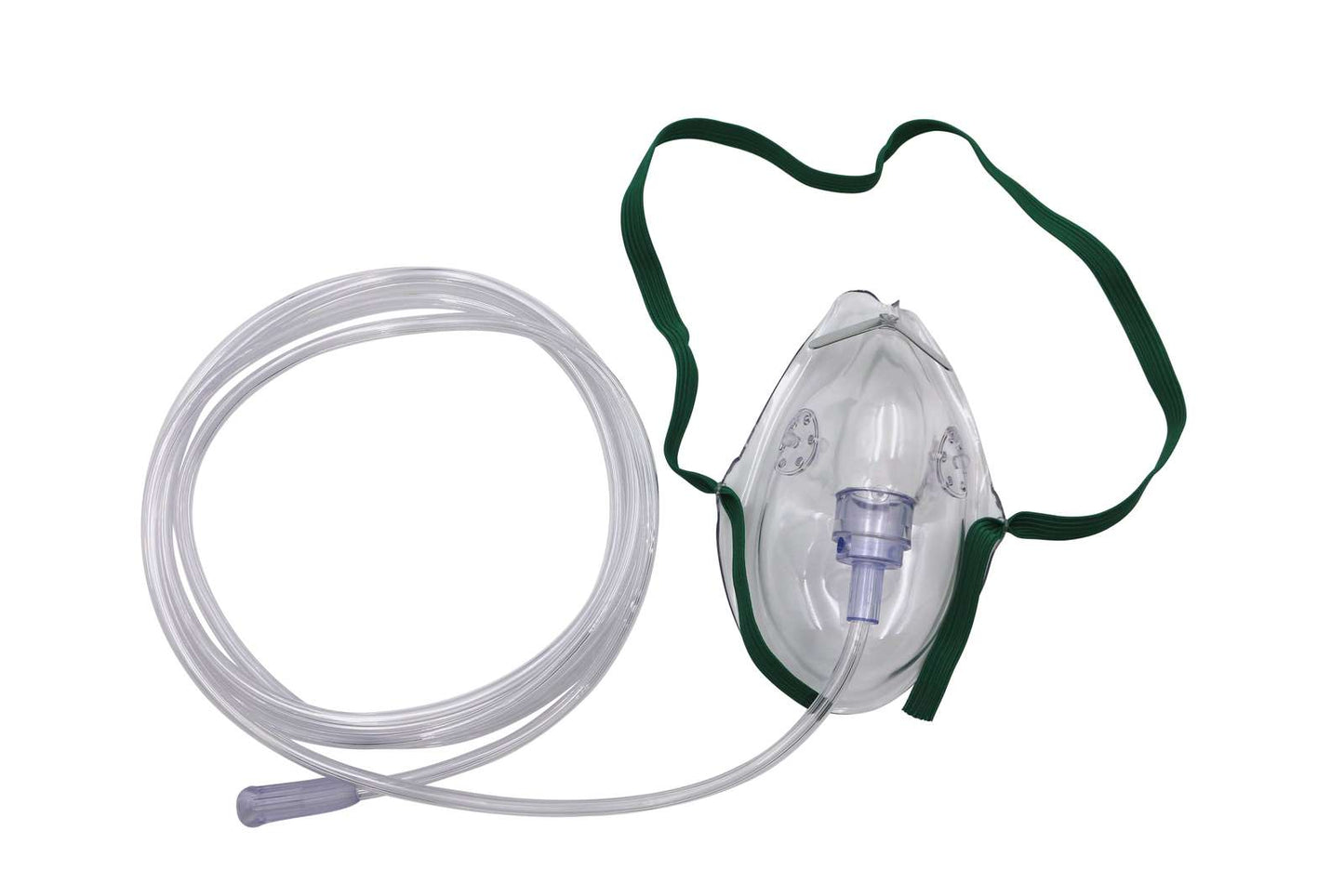 Adult oxygen face mask with green elastic strap and clear tubing included in emergency oxygen kit